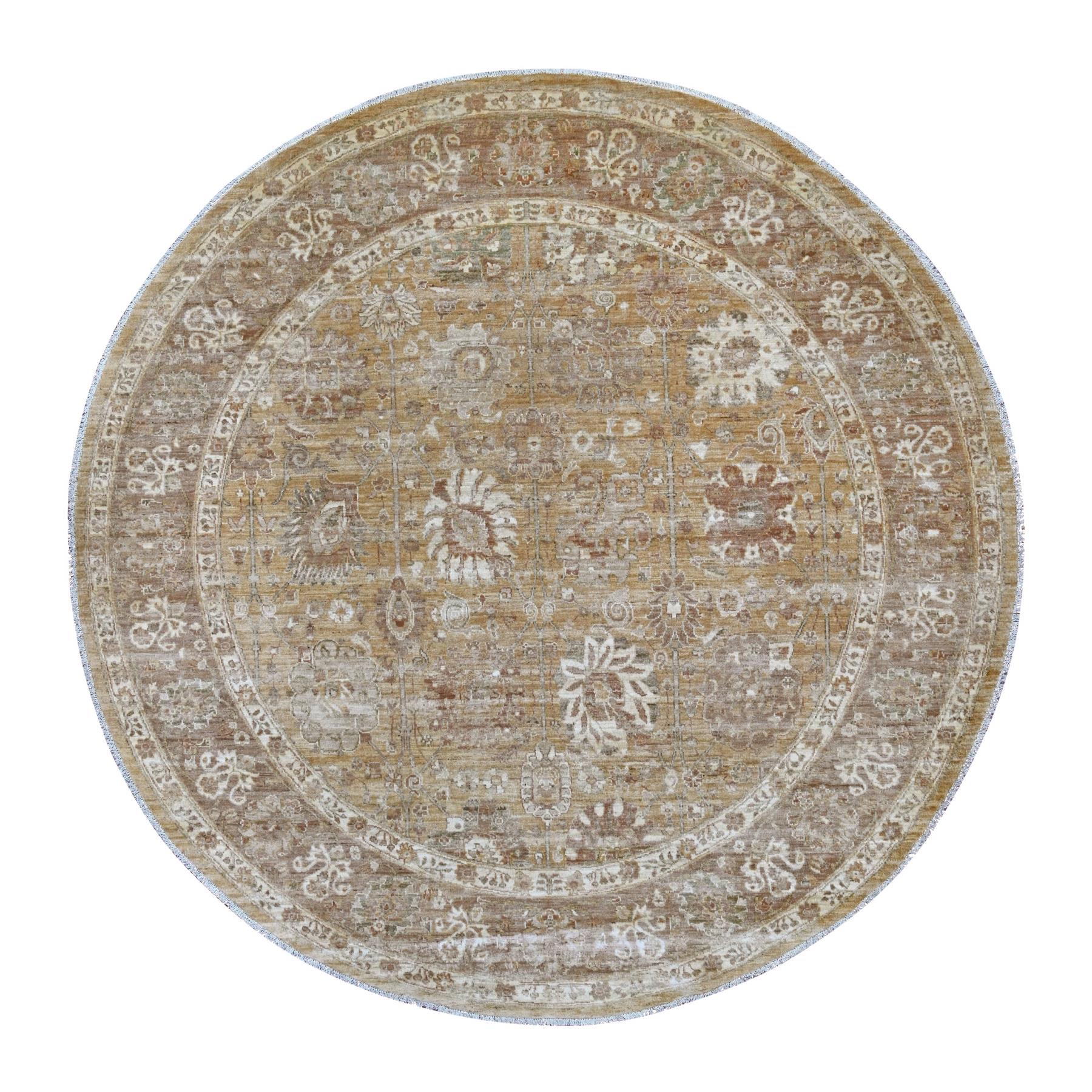 8'x8' Golden Brown, Peshawar with Ziegler Mahal Design, High Mountain Wool, Denser Weave, Hand Knotted, Round, Oriental Rug 